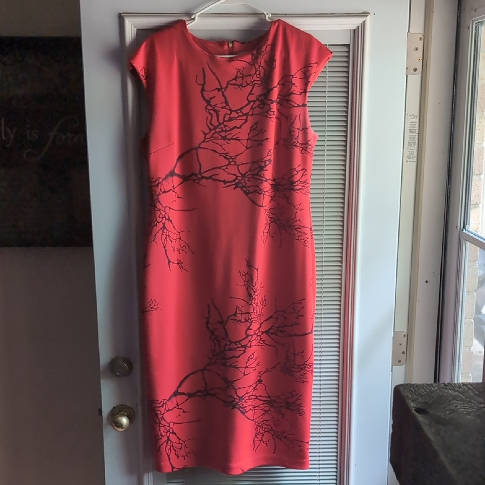 New York & Company Red Midi Dress with Black Branch Design